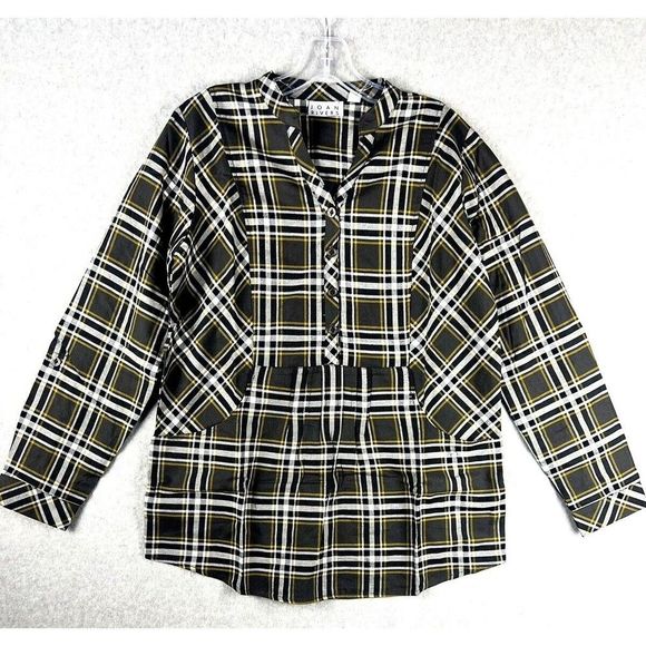 Joan Rivers Blouse Womens 6 Plaid Cottage Core Long Sleeve Peplum Button Casual - Picture 2 of 16